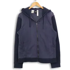 adidas アディダス 秋冬 ロゴ 裏起毛★ 切替 フルジップ フーディー スウェット パーカー Sz.O レディース 紺 ネイビー