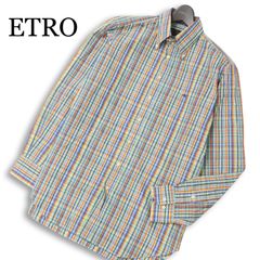 ETRO 長袖シャツ マルチストライプ マルチカラーロゴ刺繍 イタリア製XL