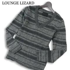 LOUNGE LIZARD ラウンジリザード モヘヤ アンゴラ ウール混★ ボーダー Vネック ニット セーター Sz.2 メンズ グレーのサムネイル