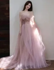 ピンク チュール オフショルダー ロング ドレス