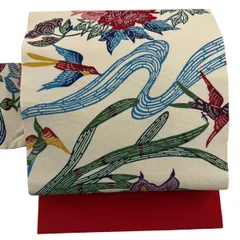 【美品】 名古屋帯 優品 花鳥 流水 縮緬 クリーム 正絹 【中古】