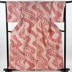 小紋 身丈158.5cm 裄丈67cm M 単衣 葉柄 幾何学 ピンク 正絹 優品 【中古】