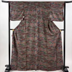 小紋 身丈167.5cm 裄丈64cm M 袷 建物 樹木 赤紫 正絹 優品 【中古】