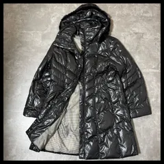 Le ciel ファー付きロングダウンコート 光沢ブラック Lサイズ 千鳥柄裏地