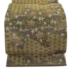 【美品】 袋帯 秀品 草花 幾何学模様 箔 唐織 茶緑色 六通 正絹 【中古】