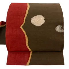 【美品】 名古屋帯 秀品 紬地 幾何学模様 刺繍 焦茶色 正絹 【中古】