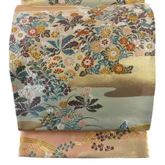 【美品】 袋帯 秀品 秋草 ヱ霞 金糸 唐織 薄緑 六通 正絹 【中古】