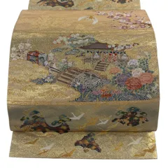 【美品】 袋帯 秀品 古都吉祥文 建物 花鳥 刺繍 金銀糸 金色 六通 正絹 【中古】