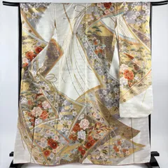 振袖 身丈168cm 裄丈66cm M 袷 牡丹 鳥 金糸 金彩 クリーム 正絹 秀品 【中古】