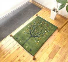 ペルシャ ギャッベ 玄関マット ラグ 90x63㎝ 緑色 ザクロの木 RJ15300