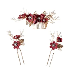 髪飾り かんざし パール 花 ヘアピン ヘアアクセサリー 大人 花 浴衣 和装 髪飾り 3点セット 結婚式 成人式 七五三 披露宴 卒業式 入学式 花嫁 和装 着物 普段使い (レッド)