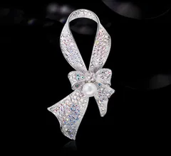 リボン ブローチ クリスタル シルバー 上品 パール 入学式 卒業式