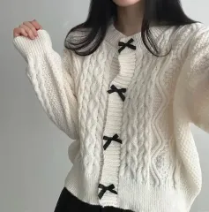 エイブリー リー リボン ケーブル編み ニット カーディガン バイカラー アイボリー