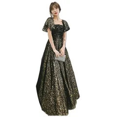 [EightSTAR Dress] パーティードレス イブニングドレス ピアノ 発表会 ドレス ロング 大人 二次会 花嫁 主役 演奏会 マキシ丈 編み上げ Aライン スレンダーライン (ブラック, XS) 0