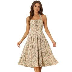 [Allegra K] ホルターネック 花柄ドレス 女性 夏 サンドレス ノースリーブ レースアップ ミディドレス レディース ベージュ S 0