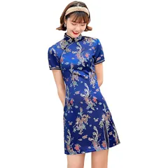 [TRTRO] チャイナ服 ミニ チャイナドレス ショート ファッションデザイン チーパウ Qipao 旗袍 サテン 膝上 (龍鳳柄ブルー, 2XL)
