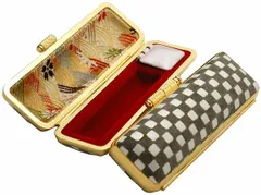 印鑑ケース 朱肉付き 15mm おしゃれ 13.5ミリ～15ミリ用 四季の庭園 金色枠 格子 鼠 金ローケツケース ハンコ 入れ ケース