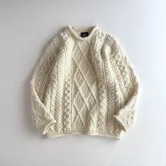 美品 / aran WOOLLEN MILLS アランウーレンミルズ / アイルランド製 メリノウール100% ロールネック ケーブル編み アランニット フィッシャーマンセーター / ユニセックス　S　レディース対応 / ナチュラル クリーム / 毛