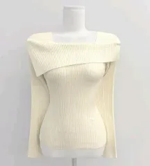 新品/*迅速発送* 斜めボーダー オフショルダー スクエアネック ボートネック ゴージ ニット 長袖Tシャツ