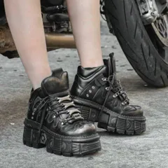 厚底スニーカー　スニーカー　Y2K レトロ　パンク　ゴシック　NEWROCK YOSUKE メンズ＆レディース ワンペダル ロコモティブ スタッズ　レトロ スペイン風 ショートブーツ ダークメタル パンクシューズ 8cm