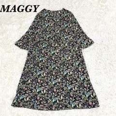 【美品】MAGGY 38 M ゆったりAラインフレアワンピース ブラック 花柄