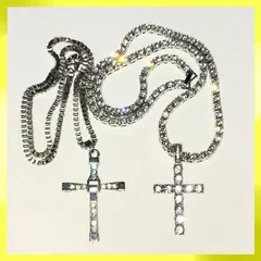 クロスラインストーンネックレス 2本セット ジルコニア CZダイヤモンド ペンダント クリスチャンジュエリー ブリンブリン ギラギラ クロス 十字架 銀 シルバー テニスチェーン ストリート ヒップホップ メンズ レディース ユニセックス