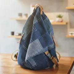 デニム インディゴ パッチワーク風 リュックサック ハンドメイド風 カジュアル