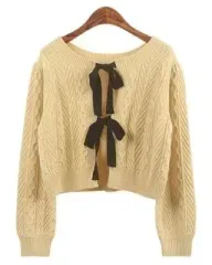K108 リー リボン結び クロップド ニット カーディガン