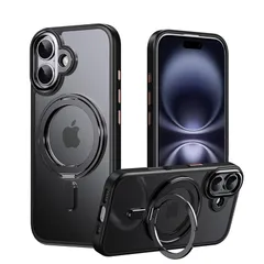 【新品】 【360度回転スタンド】 iPhone 17 用 ケース MagSafe対応 リング付き いphone 耐衝撃 半透明マット 指紋防止 車載ホルダー対応 あいふおん アイフォン (ブラック) 0