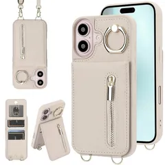 【新品】 Jcxtrombulous対応 iPhone 17 ケース 背面カード マグネットICカード収納 調節可能なストラップ付き 耐衝撃な 携帯ケース アイホン17 スマホ PUレザー スタンド RFIDブロッキング技術ケース 6.3inch対応ホワイ 1