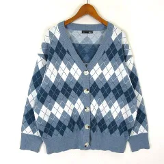 デイジー DAZY カーディガン ニット アーガイル柄 Vネック ストレッチ 長袖 XL 水色 ライトブルー オフ白 青 ブルー 大きいサイズ 美品