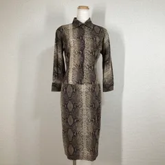 美品【ローレンス・スティール】ワンピース 茶　40　lawrence steele　蛇柄　パイソン柄　総柄 長袖　ストレッチ　奇抜柄　イタリア製 Y2K 