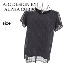 【美品】A/C  DESIGN BY ALPHA CUBIC アルファキュービック シースルー半袖ブラウス ブラック 透け感 L 総柄 チェック レース レディースのサムネイル