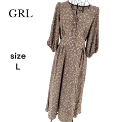【美品】GRL グレイル 花柄Vネックワンピース ウエストゴム ブラウン 七分袖 フレア 裏地あり ロング丈 総柄 ガーリー L ポリエステル レディース