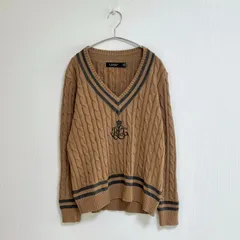 正規品　2024　ローレンラルフローレン クリケットセーター チルデンニット ケーブル編み Vネック L キャメル グレー　綿100% RLL エンブレム刺繍 トラッド  コットンニット 洗える レディース LAUREN RALPH LAUREN 極美品　近年