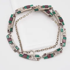 M093 ヴィンテージ ネックレス パープル グリーン カラーストーン風 デザイン アンティーク