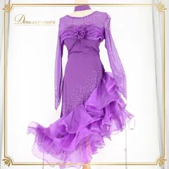 社交ダンス 衣装 ラテン ドレス ワンピース パーティドレス 紫 パープル系 Leirena レイリーナ ラインストーン レース アシンメトリー 長袖 大人の色香 光を纏う ストレッチ フェミニン おしゃれ エレガント プロフェッショナル 競技用 発表会