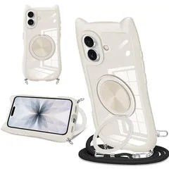 【新品】 iPhone 17 用 スマホケース 猫耳デザイン シンプルでファッション 360° 回転スタンド付き iPhone 17 スマホケース 滑り止め 黄ばみ防止 全面的な保護 長さ調節可能なネックストラップ付き 1