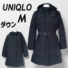 UNIQLO ユニクロ レディース ダウンフードロングコート M フード取り外し可能 2Way ベルト付き 217-069159 ネイビー系 (A027)★