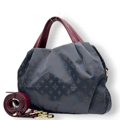 【極美品】ラシット russet 2WAY ショルダーバッグ ハンドバッグ 斜め掛け可 ナイロン レザー 軽量 モノグラム 総柄 ネイビー 紺 レッド 赤 バイカラー タック ギャザー レディース お出かけ 旅行 カジュアル 鞄 かばん s92