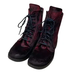 美品 ANN DEMEULEMEESTER アンドゥムルメステール ベルベット ショートブーツ サイズ37 約23.5cm レッド×ブラック レディース 古着 中古 USEDのサムネイル
