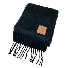 美品 LOEWE ロエベ アナグラムレザーパッチ モヘア ウール フリンジ マフラー ダークネイビー レディース 古着 中古 USED