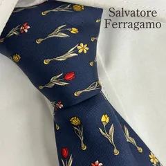 《美品》Salvatore Ferragamo (サルヴァトーレフェラガモ) シルクネクタイ イタリア製 総柄 花 葉っぱ チューリップ ネイビー レッド イエロー ブラウン