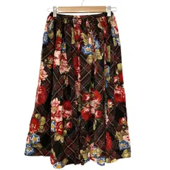 美品 INGEBORG インゲボルグ フラワープリント チェック ロングスカート レッド ブラック レディース 古着 中古 USED