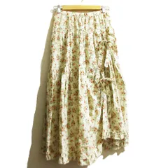 美品 PINK HOUSE ピンクハウス フラワープリント リボン ロングギャザースカート ホワイト レッド レディース 古着 中古 USED