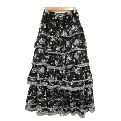 美品 PINK HOUSE ピンクハウス ティアード ピコフリル フラワープリント ロングスカート ブラック レディース 古着 中古 USED