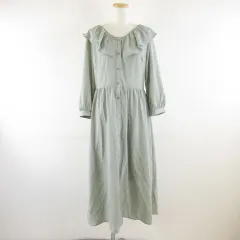 ジーユー GU ラッフルフロントボタンワンピース ロング 7分袖 薄緑 L *A299