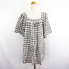 スタディオクリップ Studio Clip チュニック ワンピース 五分袖 スクエアネック ギンガムチェック 麻 リネン ブラウン系 ※EKM
