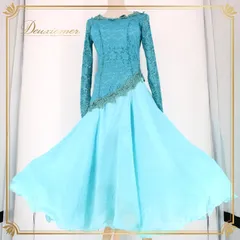 社交ダンス 衣装 スタンダード ドレス ワンピース パーティドレス prima boutique プリマブティック ライトブルー系 水色 長袖 レース 薔薇 おしゃれ かわいい 高級感 華やか フォーマル パーティー セクシー ダンス らくらく着用 夏用