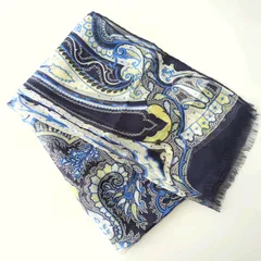 D エトロ ETRO シルクD 100% ストール スカーフ ペイズリー柄 ネイビー 紺 美品 51217Z34-4